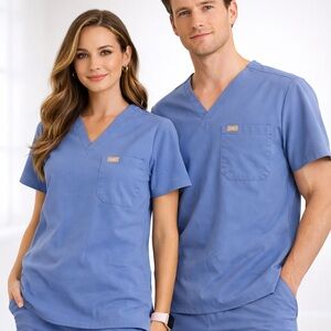 FIGS Blue Scrub Top M Technical Collection V-Neck Pocket Unisex
